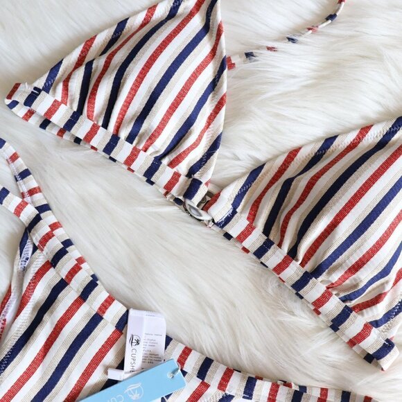 NEW White Red Blue Gold Stripe Print Bikini Swim Set Size XL - Picture 4 of 9